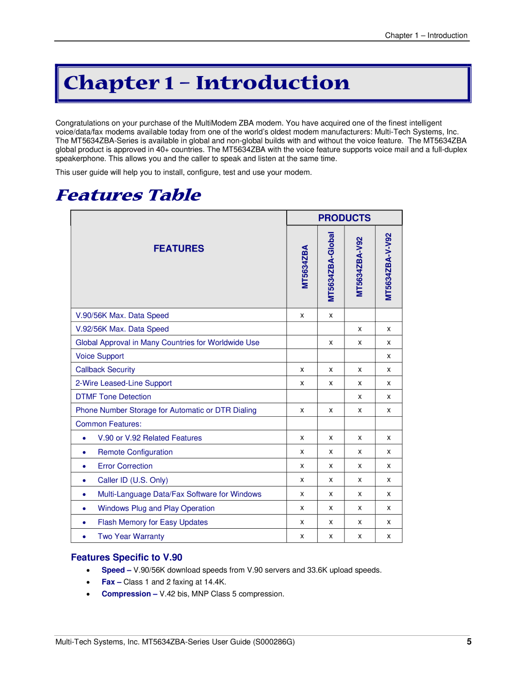 Multitech MT5634ZBA-GLOBAL, MT5634ZBA-V-V92, MT5634ZBA-SERIES manual Introduction, Features Table 