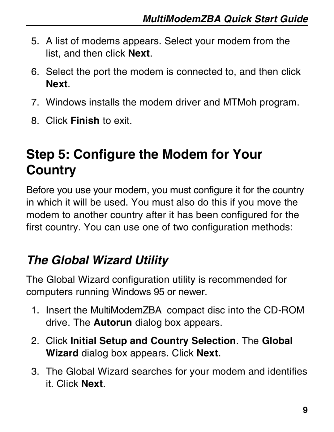 Multitech MT5634ZBA-V92 manual Configure the Modem for Your Country, Global Wizard Utility 