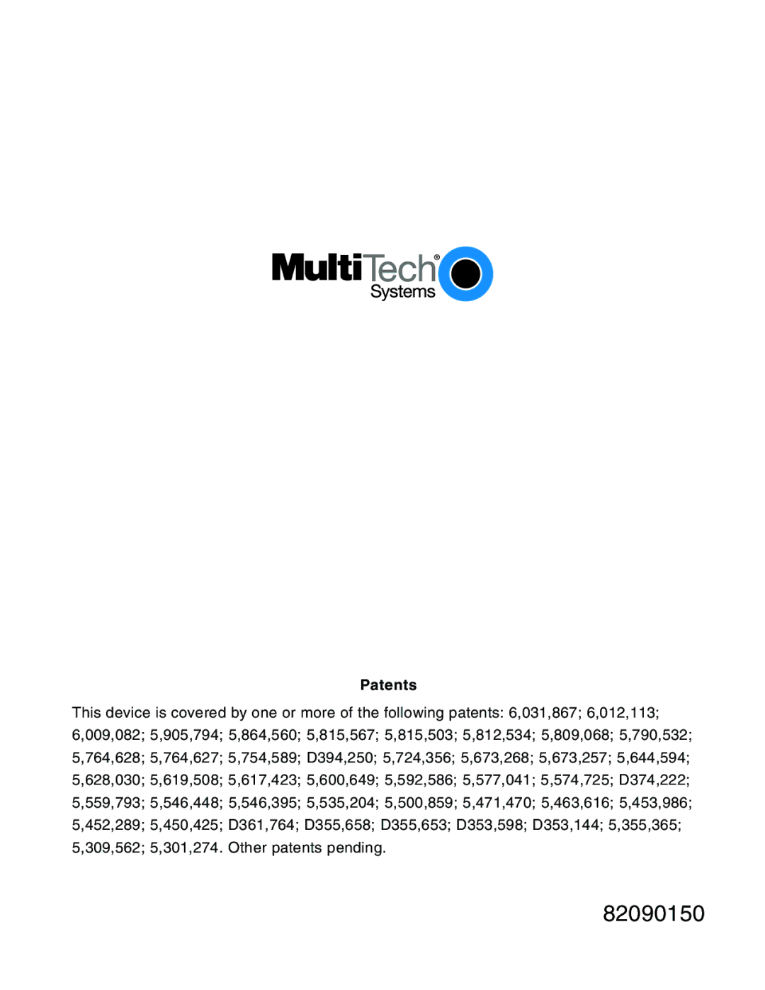 Multitech MT5634ZBA-V92 manual 82090150 