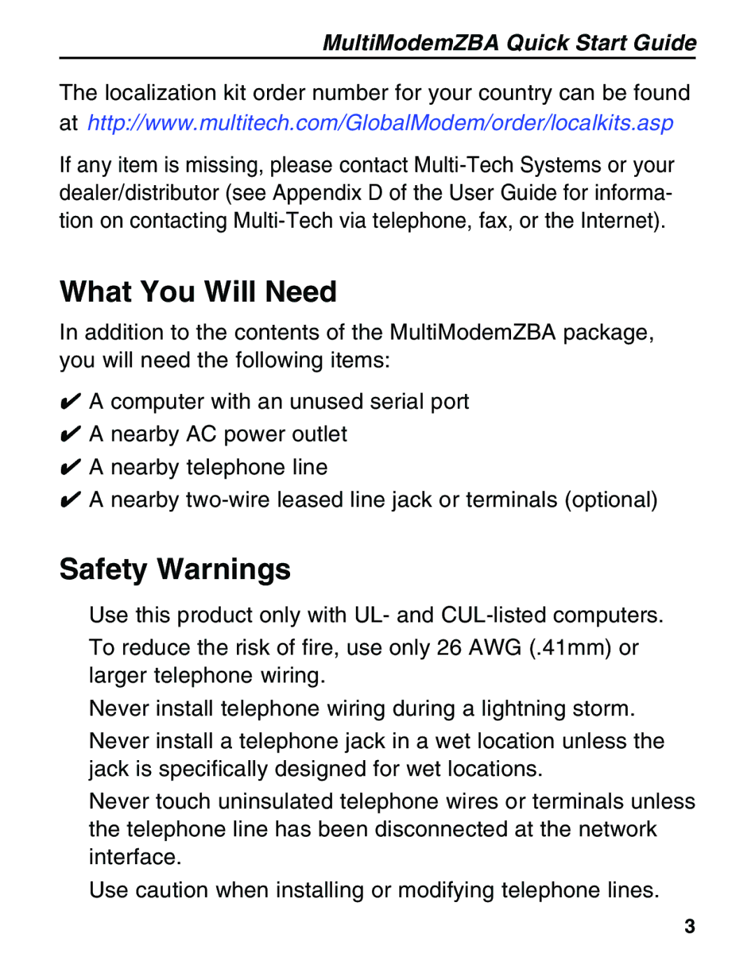 Multitech MT5634ZBA-V92 manual What You Will Need, Safety Warnings 