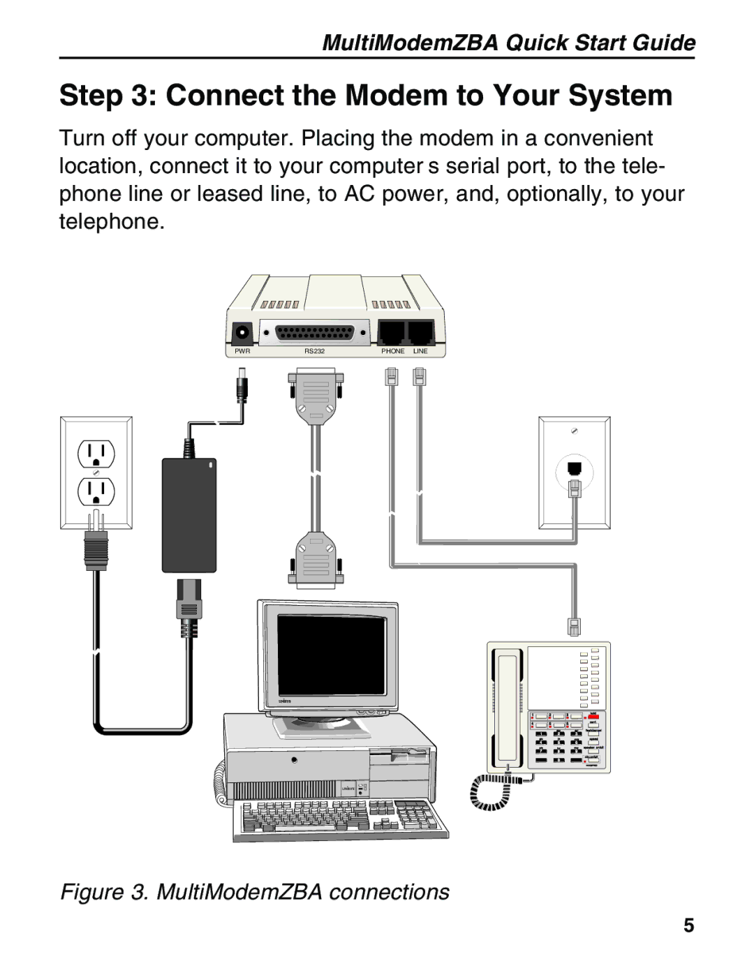 Multitech MT5634ZBA-V92 manual Connect the Modem to Your System, MultiModemZBA connections 