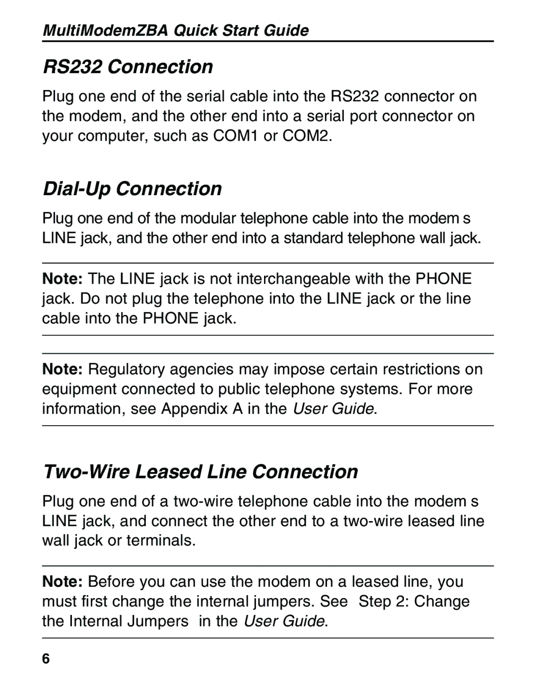 Multitech MT5634ZBA-V92 manual RS232 Connection, Dial-Up Connection, Two-Wire Leased Line Connection 