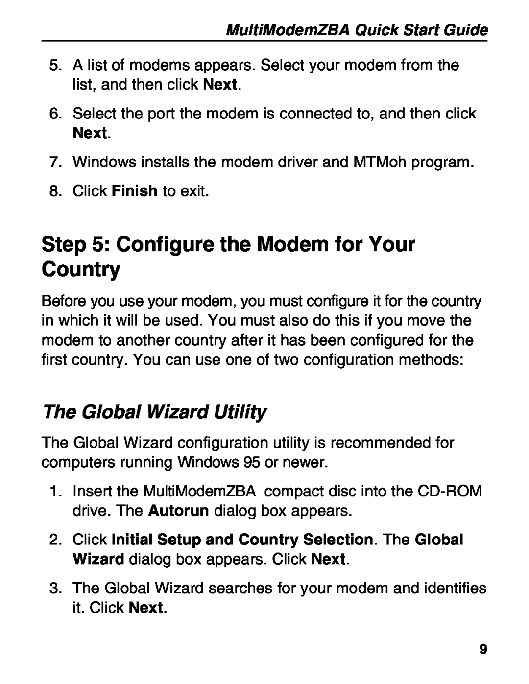 Multitech MT5634ZBA-V92 Configure the Modem for Your Country, The Global Wizard Utility, MultiModemZBA Quick Start Guide 