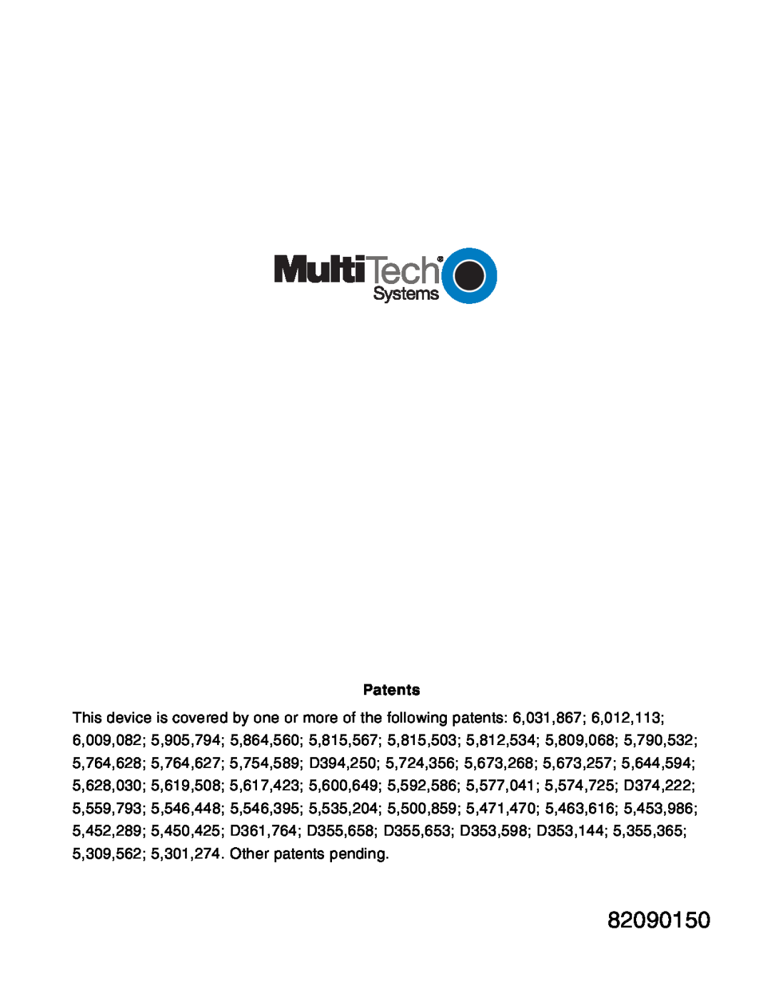 Multitech MT5634ZBA-V92 manual Patents 