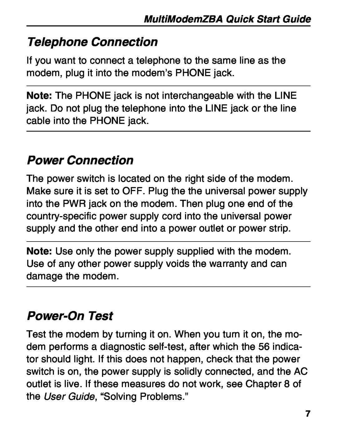 Multitech MT5634ZBA-V92 manual Telephone Connection, Power Connection, Power-On Test, MultiModemZBA Quick Start Guide 