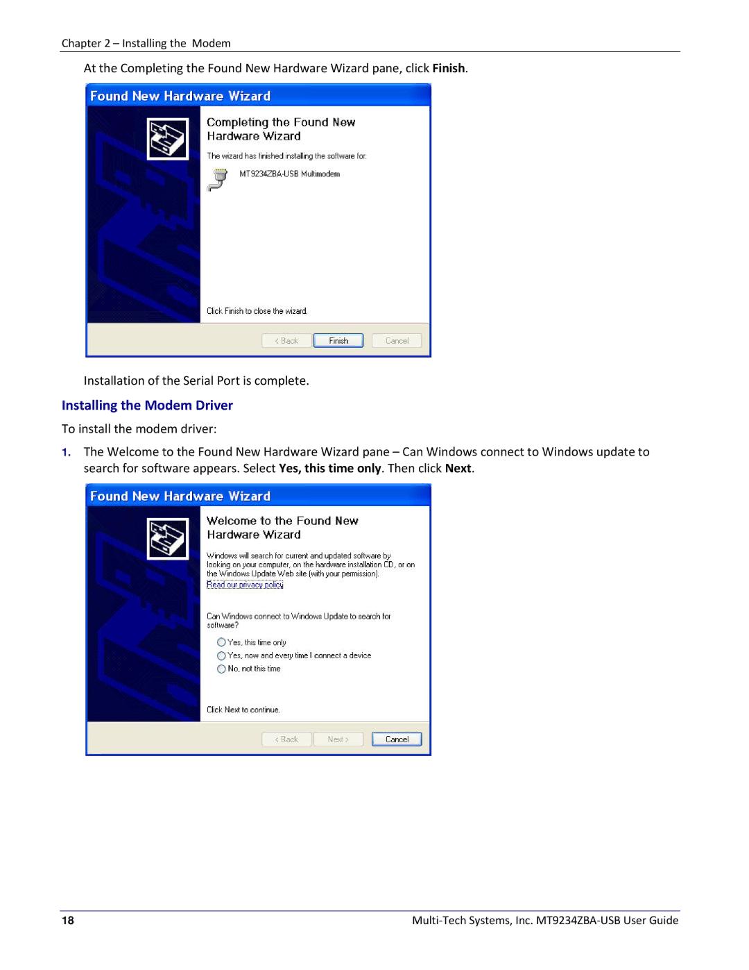 Multitech MT9234ZBA-USB manual Installing the Modem Driver 