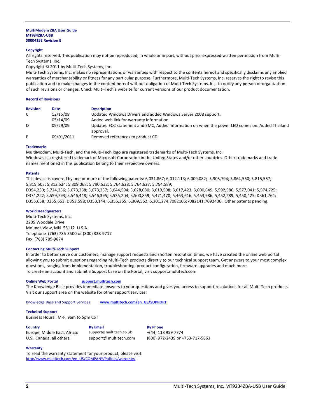 Multitech MT9234ZBA-USB manual Multi‐Tech Systems, Inc. MT9234ZBA‐USB User Guide 