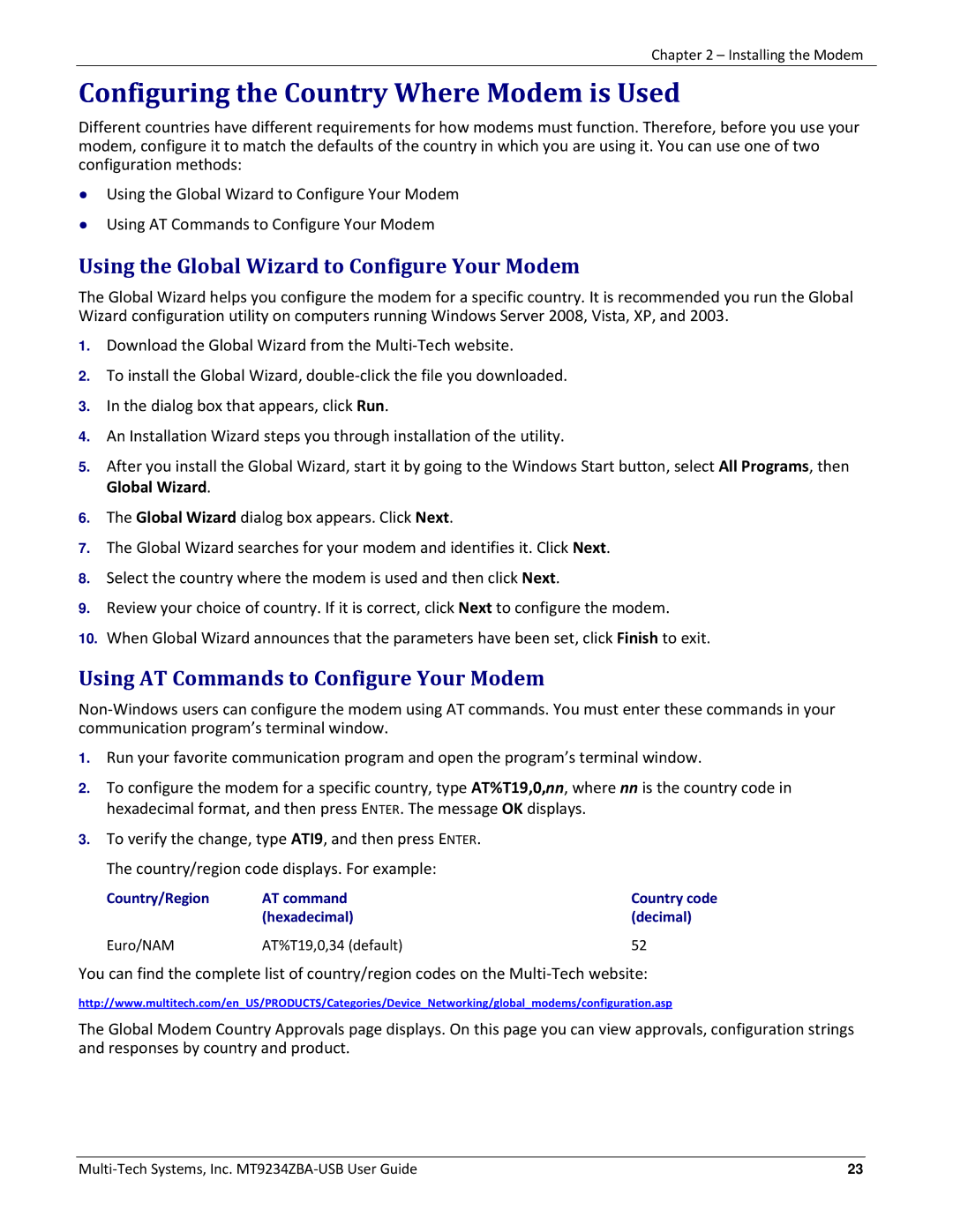 Multitech MT9234ZBA-USB manual Configuring the Country Where Modem is Used, Using the Global Wizard to Configure Your Modem 