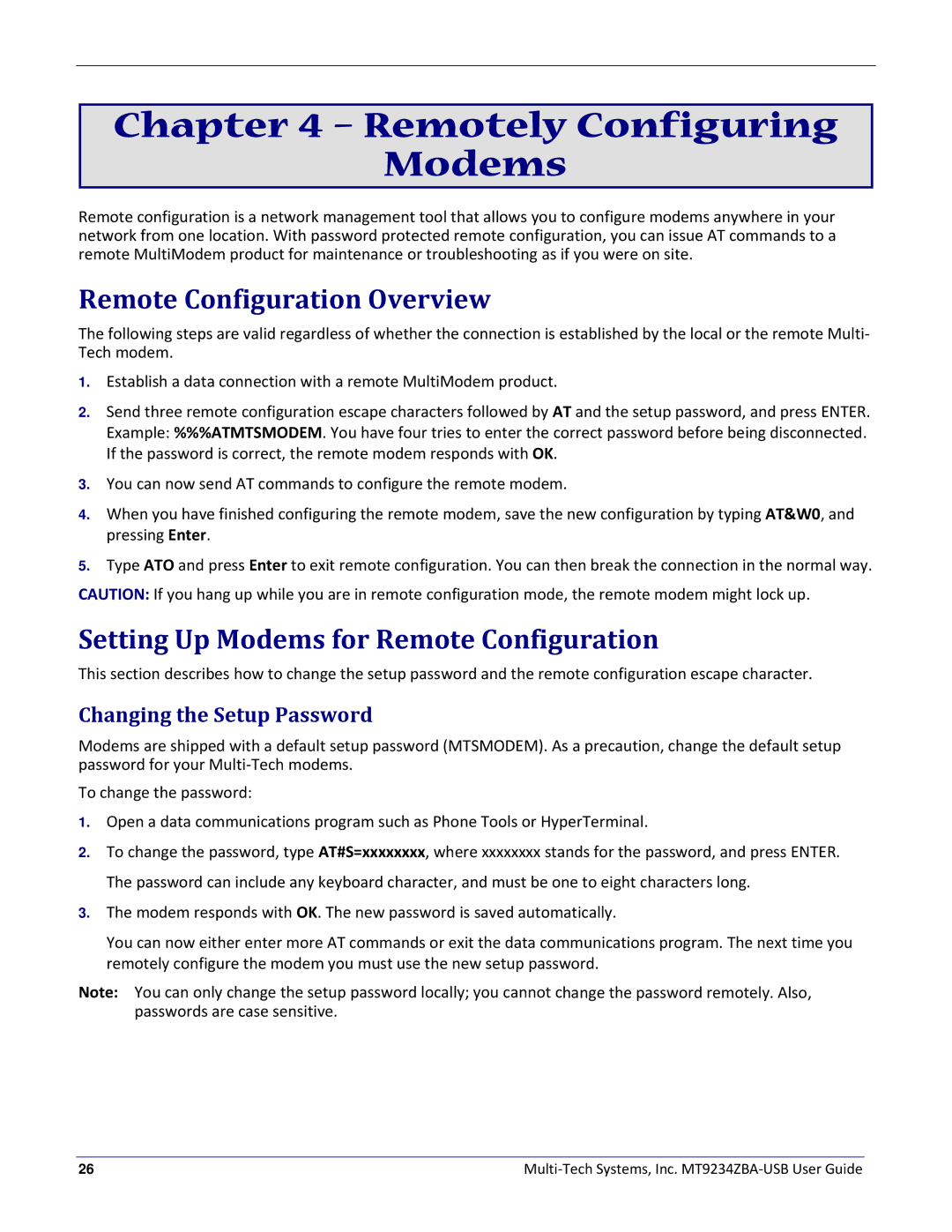 Multitech MT9234ZBA-USB manual Remotely Configuring Modems, Remote Configuration Overview, Changing the Setup Password 