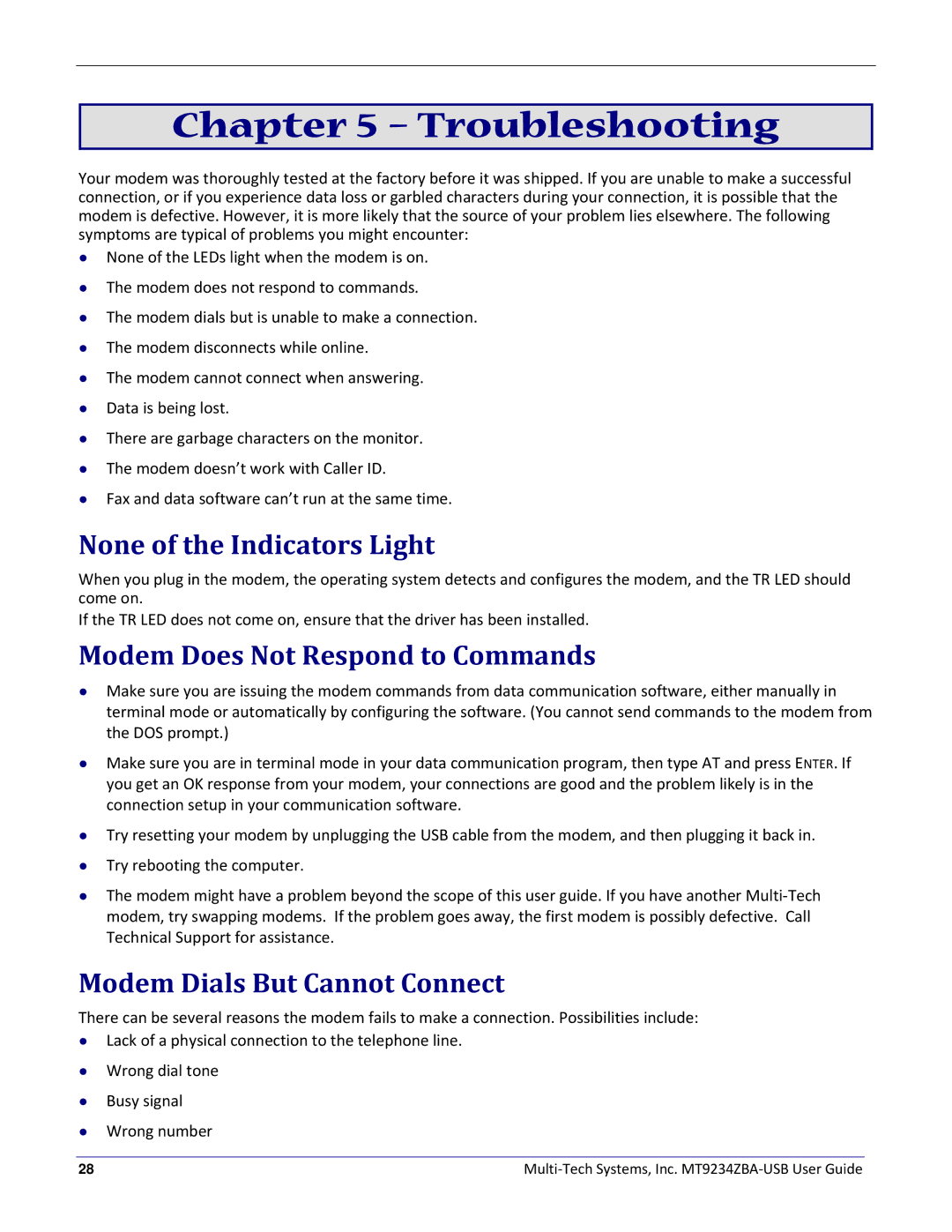 Multitech MT9234ZBA-USB manual Troubleshooting, None of the Indicators Light, Modem Does Not Respond to Commands 