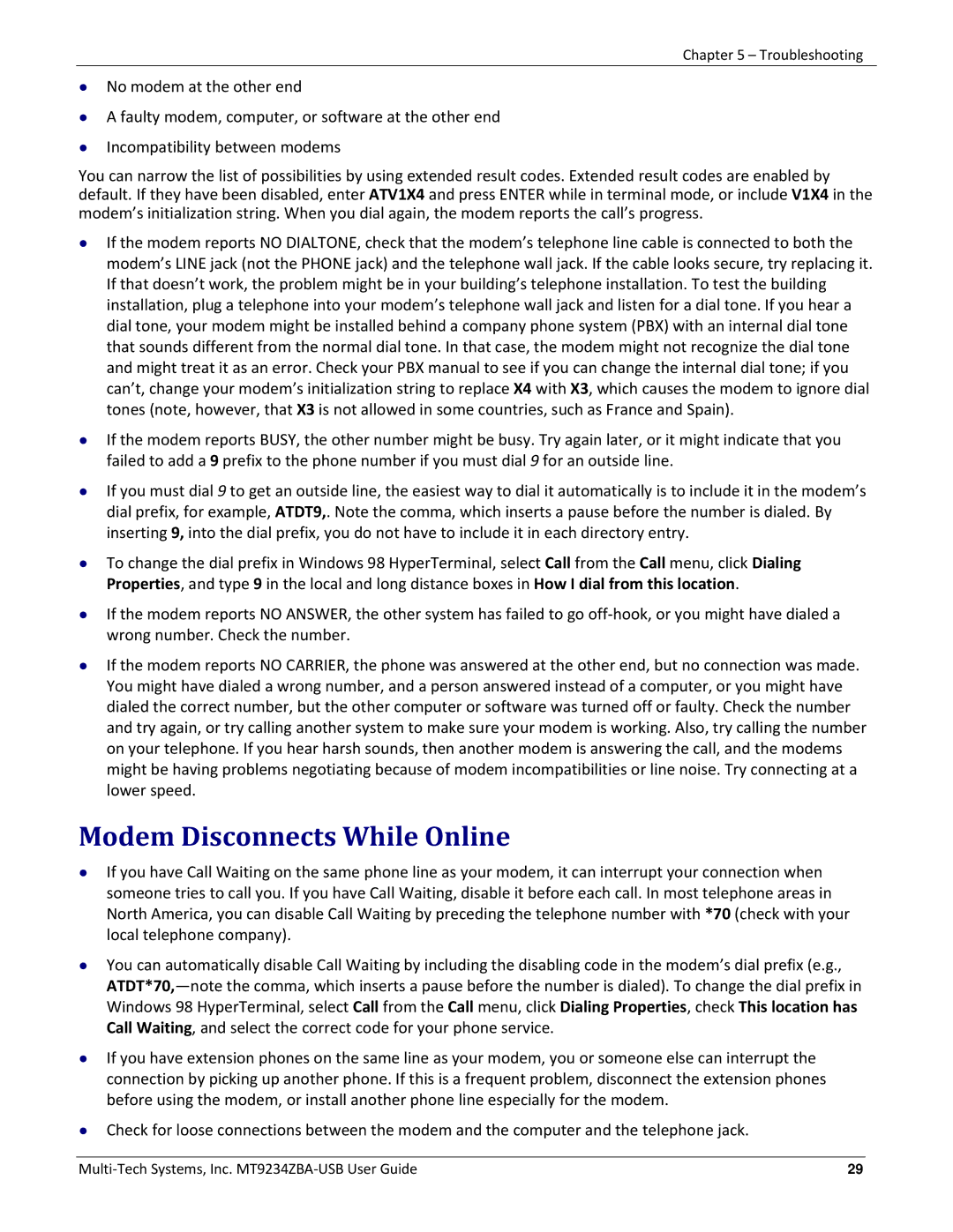 Multitech MT9234ZBA-USB manual Modem Disconnects While Online 