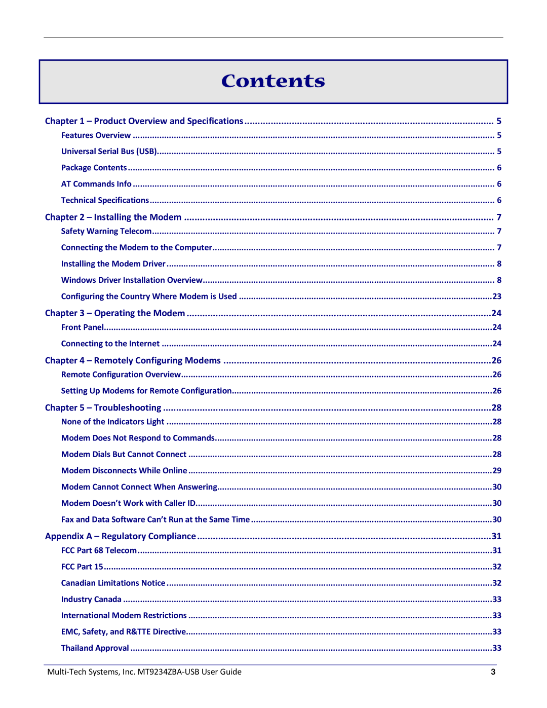 Multitech MT9234ZBA-USB manual Contents 