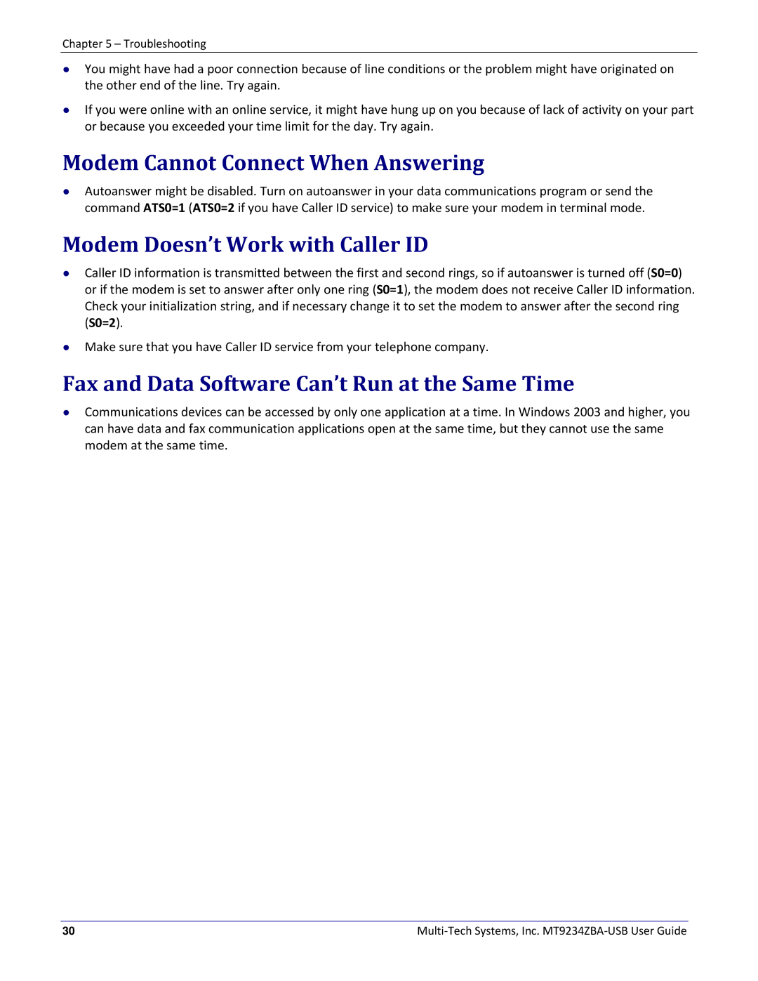 Multitech MT9234ZBA-USB manual Modem Cannot Connect When Answering, Modem Doesn’t Work with Caller ID 