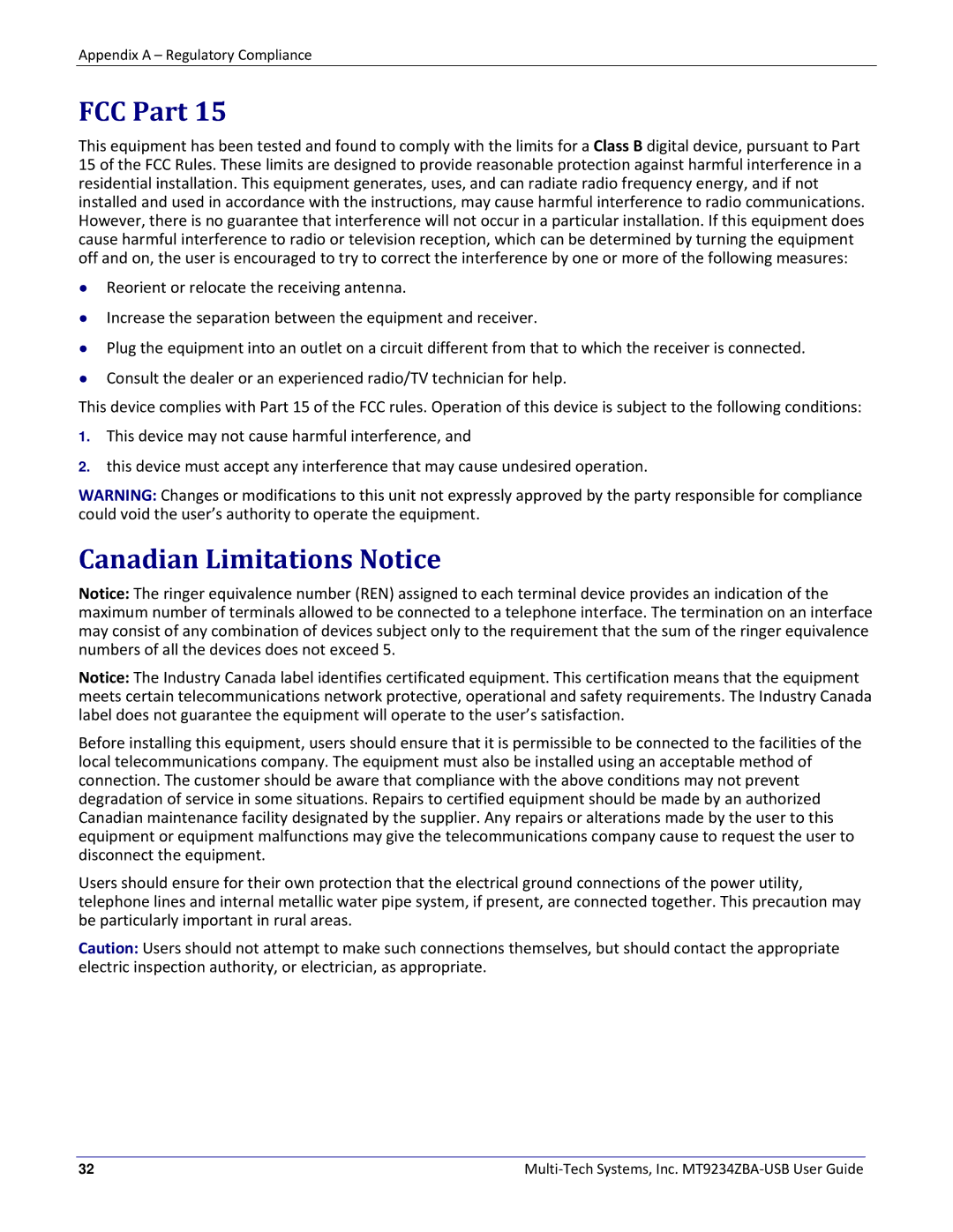 Multitech MT9234ZBA-USB manual FCC Part, Canadian Limitations Notice 