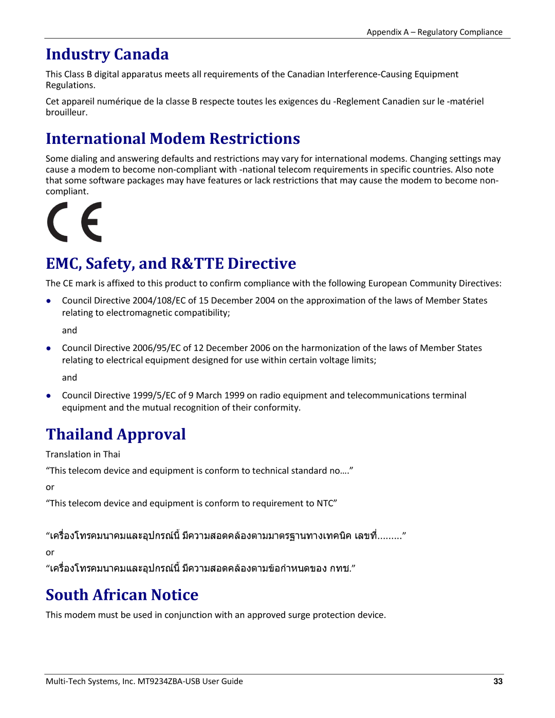 Multitech MT9234ZBA-USB manual Industry Canada, International Modem Restrictions, EMC, Safety, and R&TTE Directive 