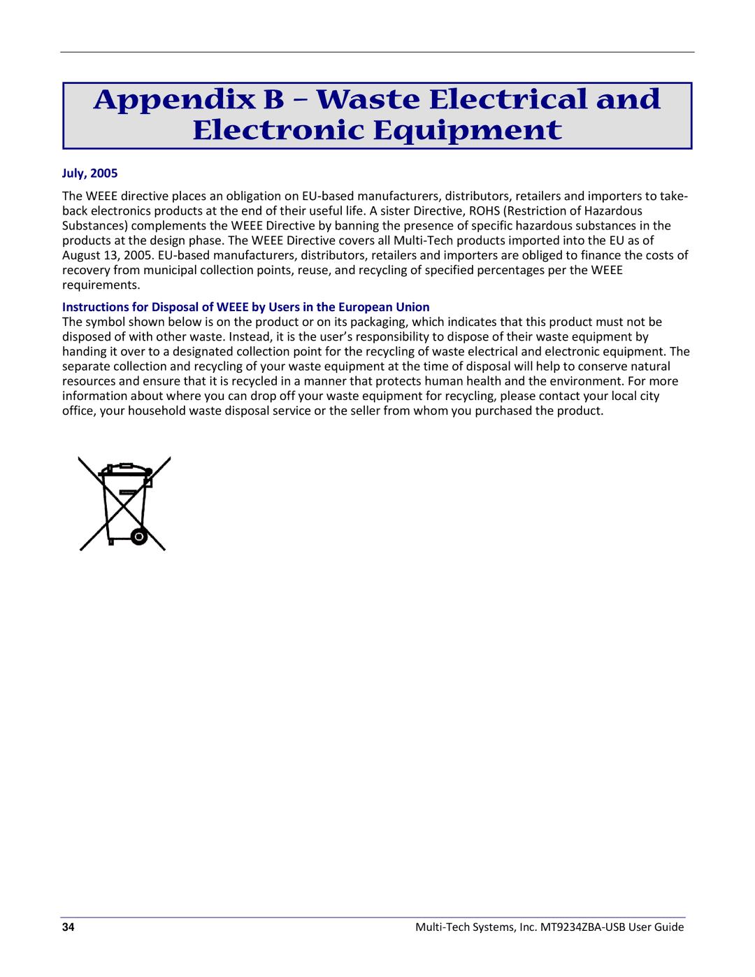 Multitech MT9234ZBA-USB manual Appendix B Waste Electrical Electronic Equipment, July 