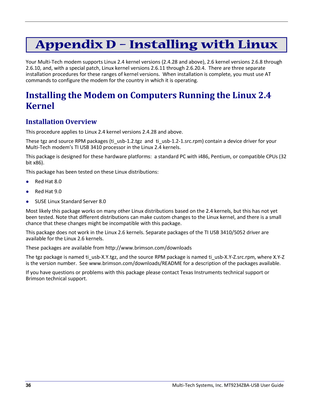 Multitech MT9234ZBA-USB manual Appendix D Installing with Linux, Installation Overview 