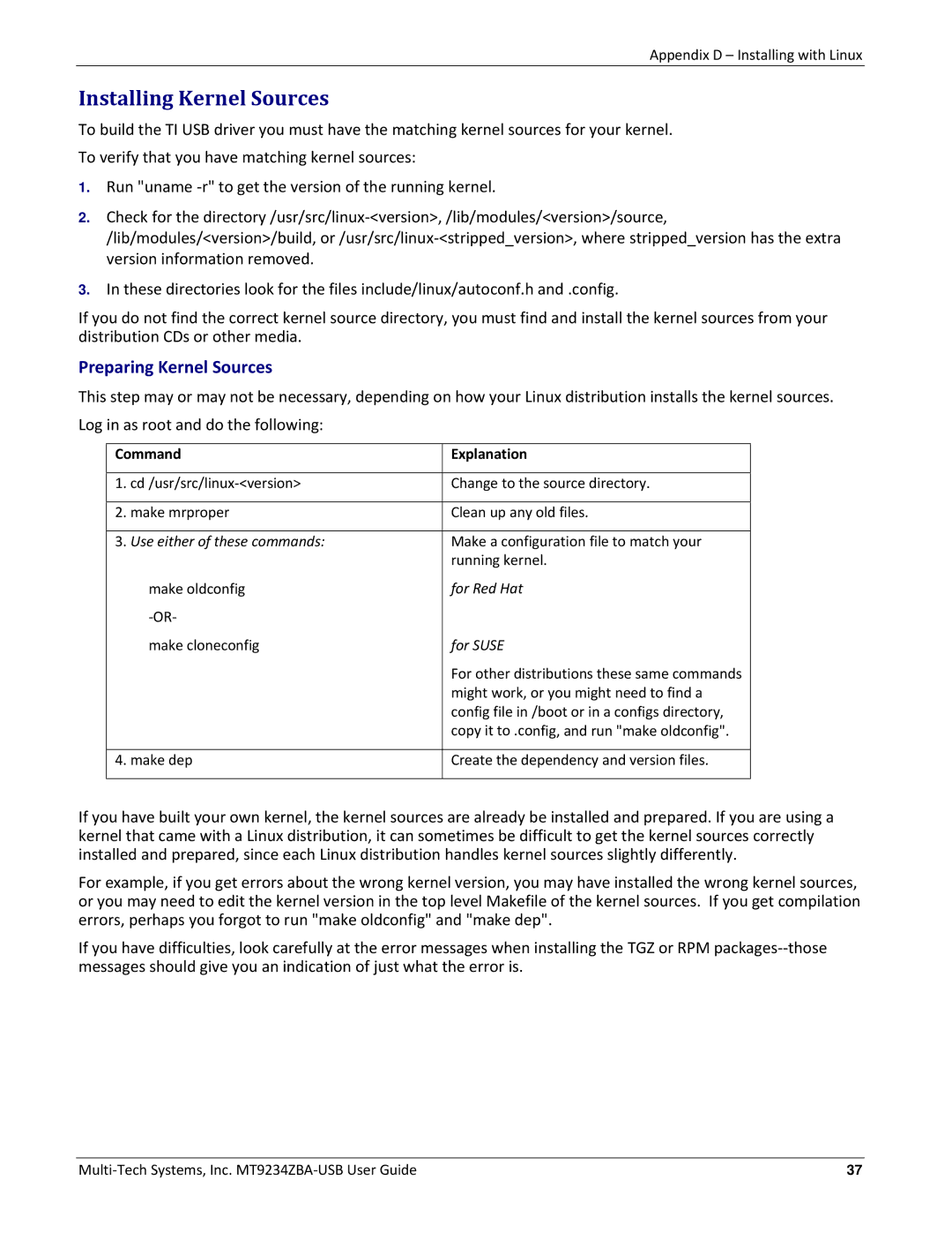 Multitech MT9234ZBA-USB manual Installing Kernel Sources, Preparing Kernel Sources 