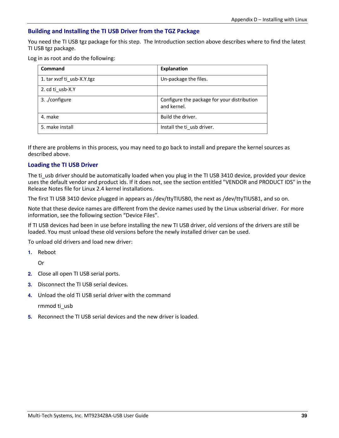 Multitech MT9234ZBA-USB manual Loading the TI USB Driver 