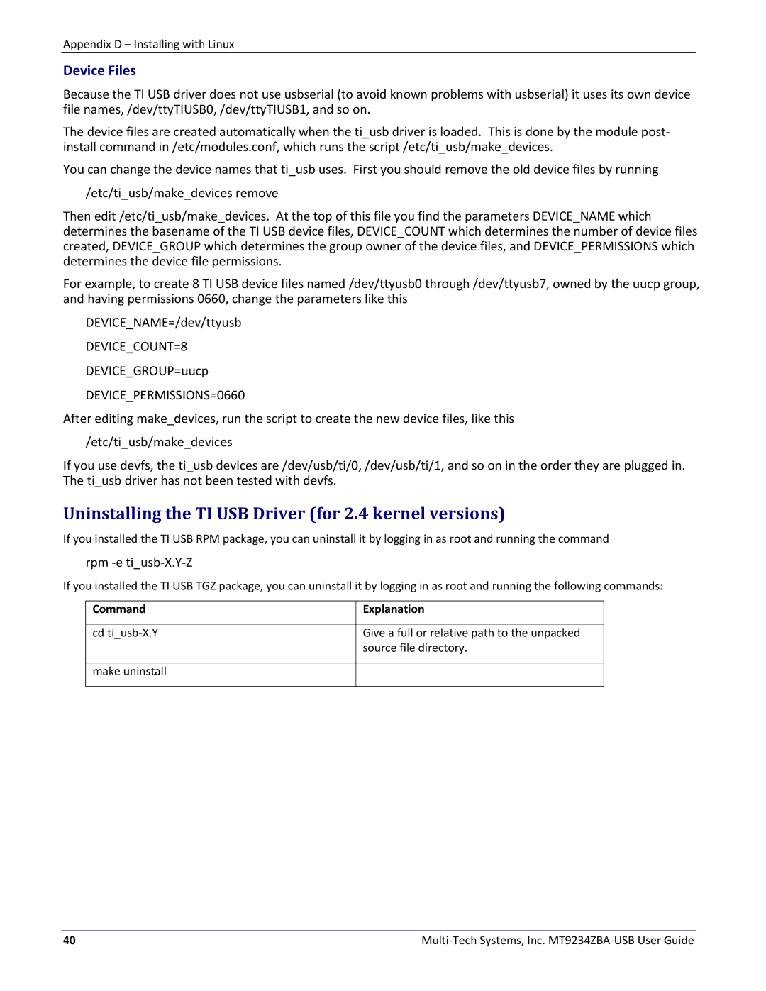 Multitech MT9234ZBA-USB manual Uninstalling the TI USB Driver for 2.4 kernel versions, Device Files 