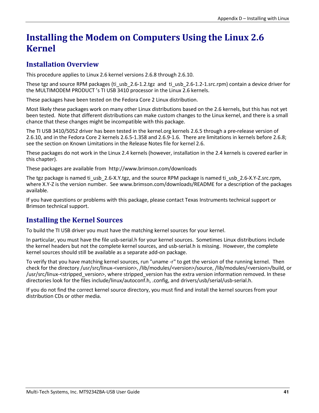 Multitech MT9234ZBA-USB manual Installing the Modem on Computers Using the Linux 2.6 Kernel, Installing the Kernel Sources 
