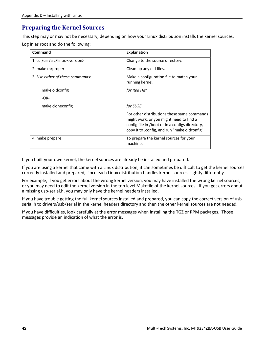 Multitech MT9234ZBA-USB manual Preparing the Kernel Sources 