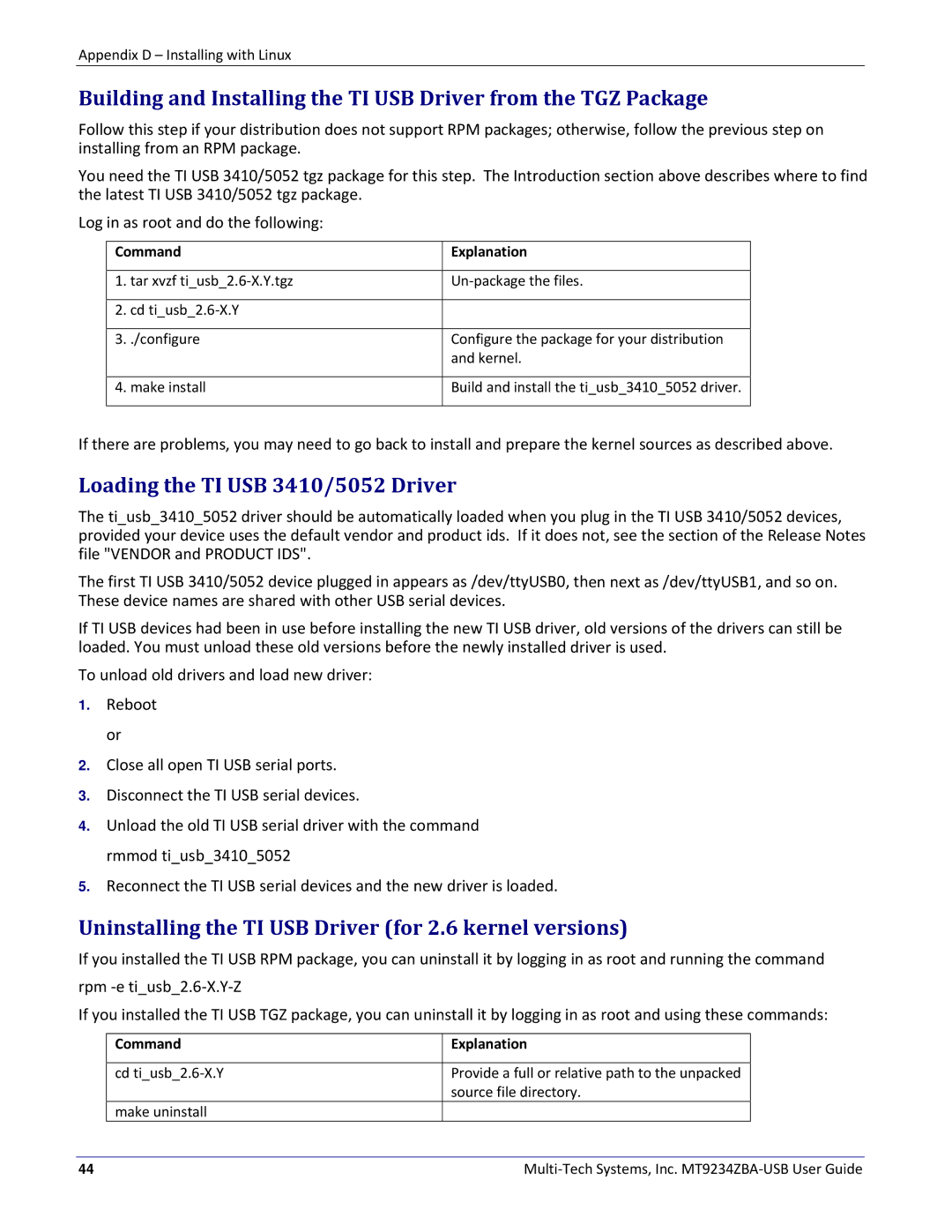 Multitech MT9234ZBA-USB manual Loading the TI USB 3410/5052 Driver, Uninstalling the TI USB Driver for 2.6 kernel versions 