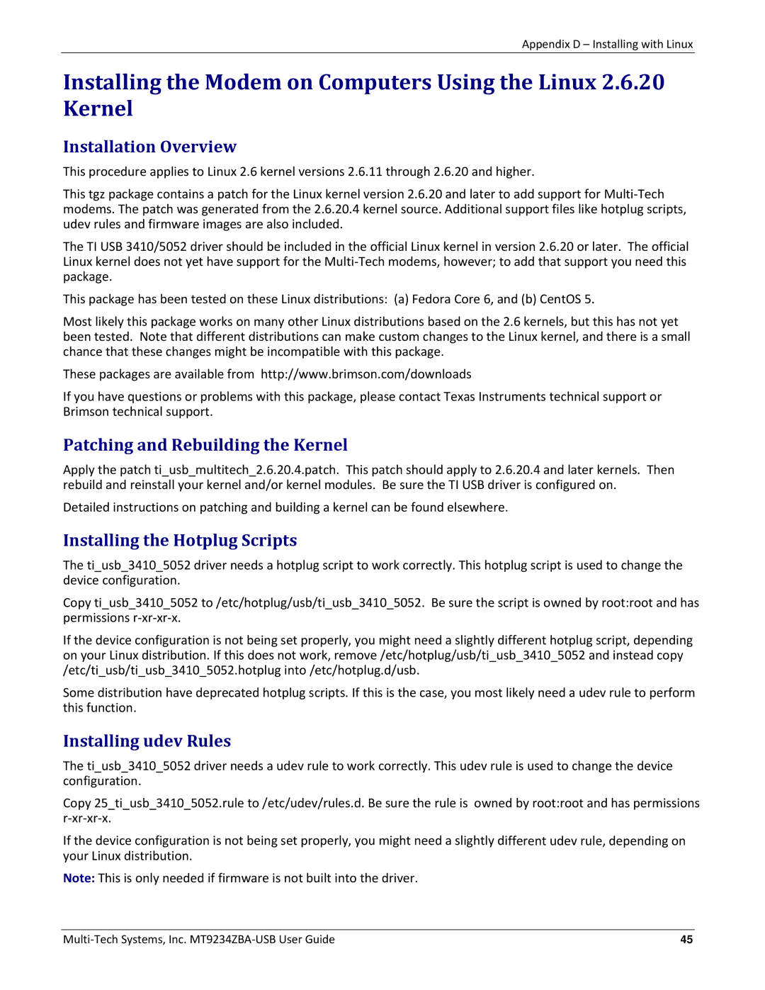 Multitech MT9234ZBA-USB manual Patching and Rebuilding the Kernel, Installing the Hotplug Scripts, Installing udev Rules 