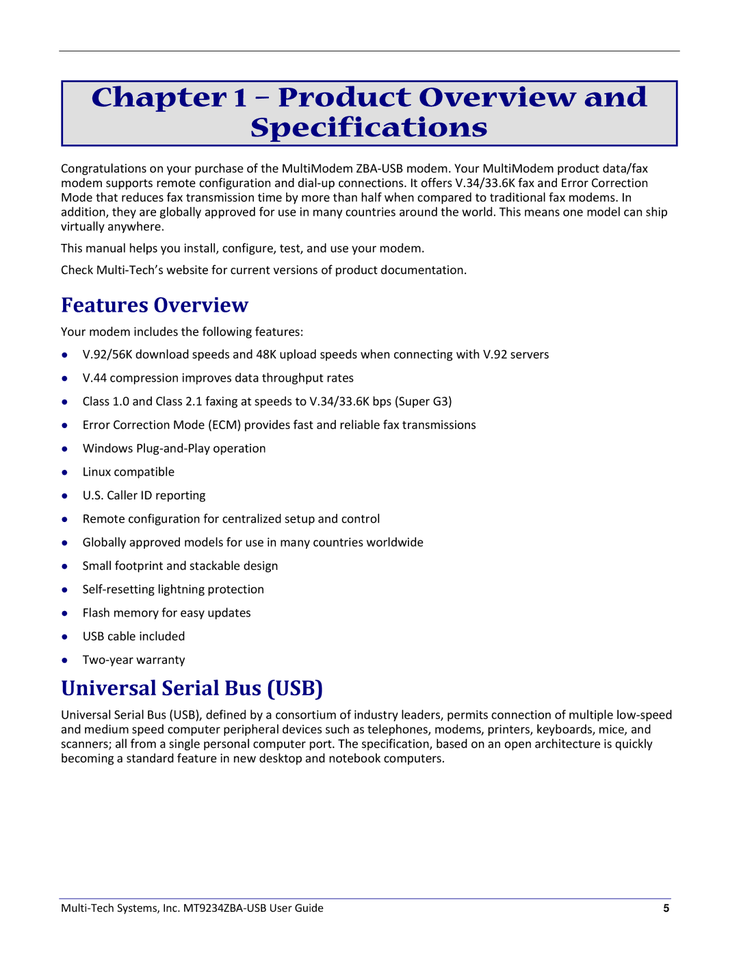 Multitech MT9234ZBA-USB manual Product Overview Specifications, Features Overview, Universal Serial Bus USB 