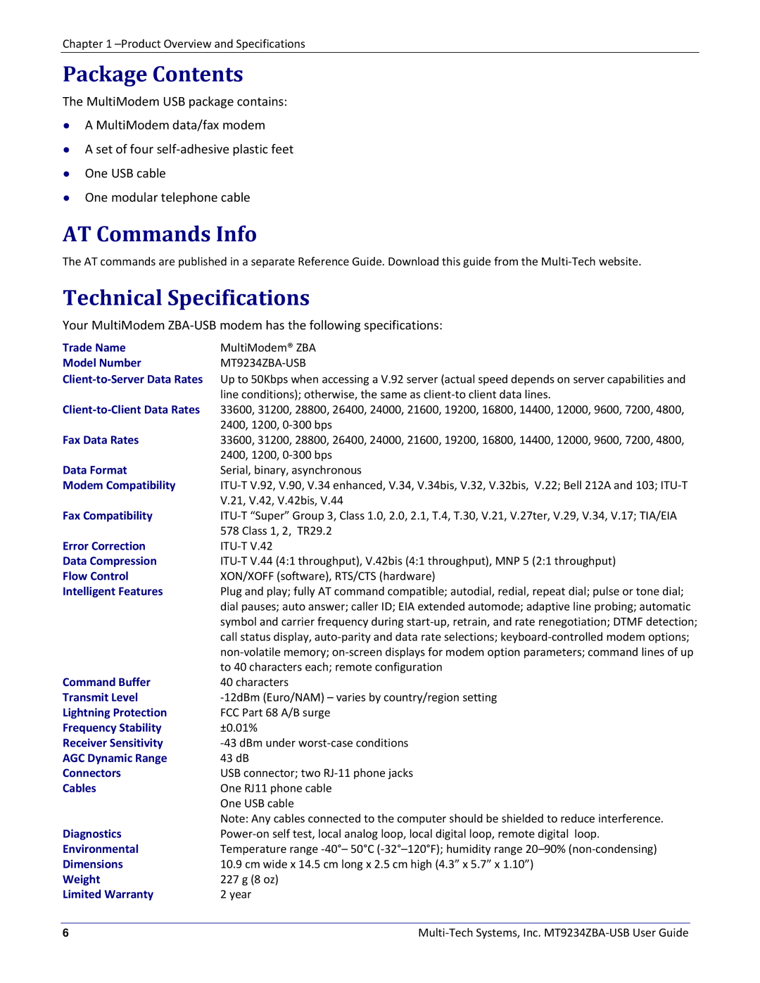 Multitech MT9234ZBA-USB manual Package Contents, AT Commands Info, Technical Specifications 