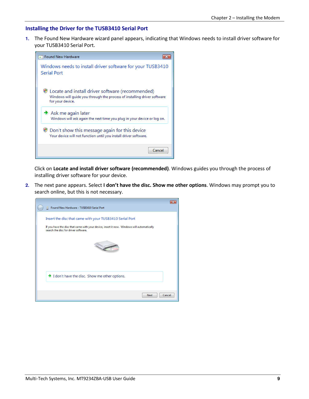 Multitech MT9234ZBA-USB manual Installing the Driver for the TUSB3410 Serial Port 