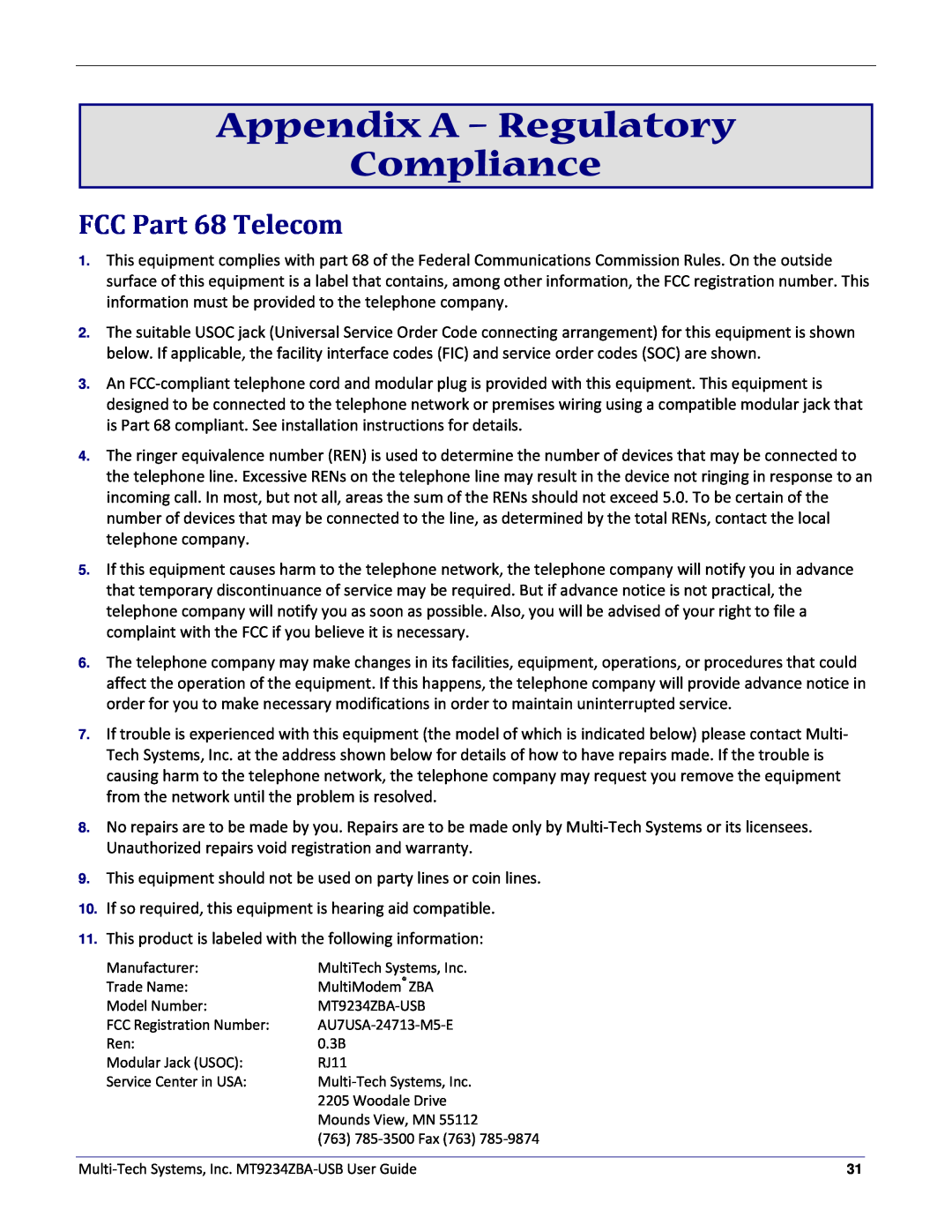 Multitech MT9234ZBA-USB manual Appendix A - Regulatory Compliance, FCC Part 68 Telecom 
