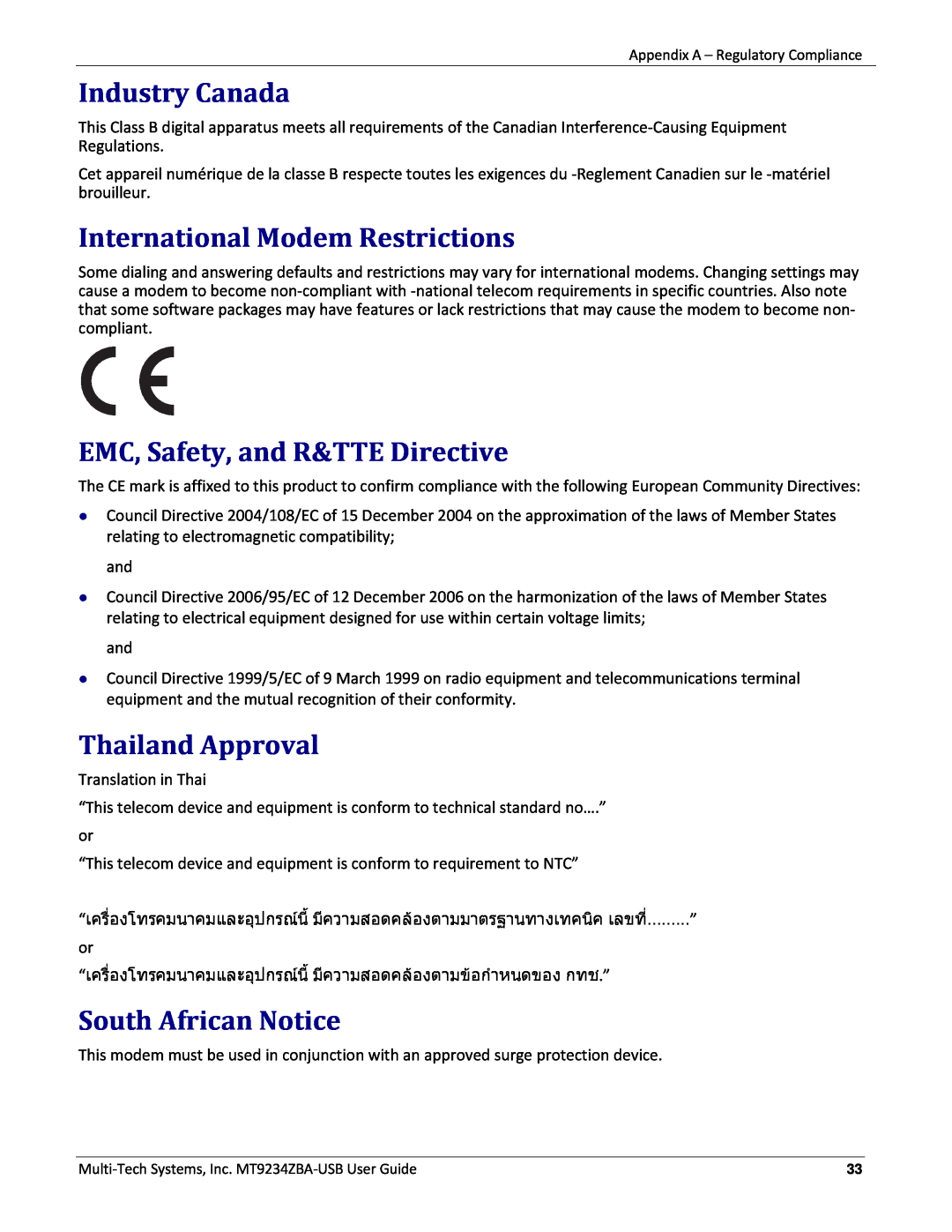 Multitech MT9234ZBA-USB manual Industry Canada, International Modem Restrictions, EMC, Safety, and R&TTE Directive 