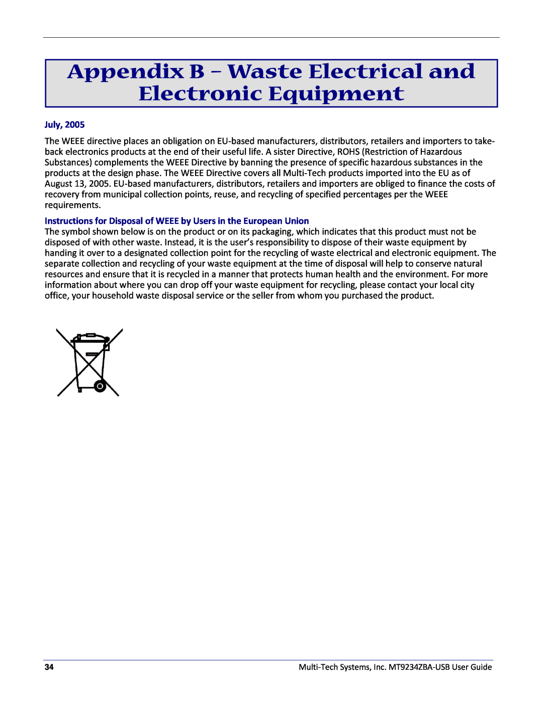 Multitech MT9234ZBA-USB manual Appendix B - Waste Electrical and Electronic Equipment, July 