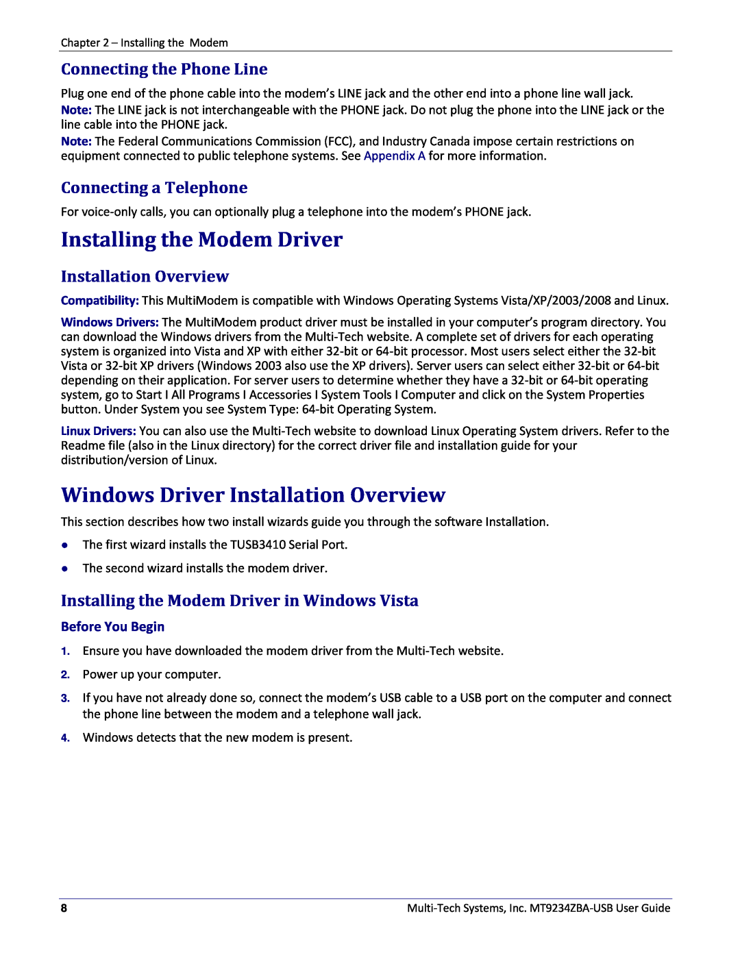 Multitech MT9234ZBA-USB manual Installing the Modem Driver, Windows Driver Installation Overview, Connecting the Phone Line 