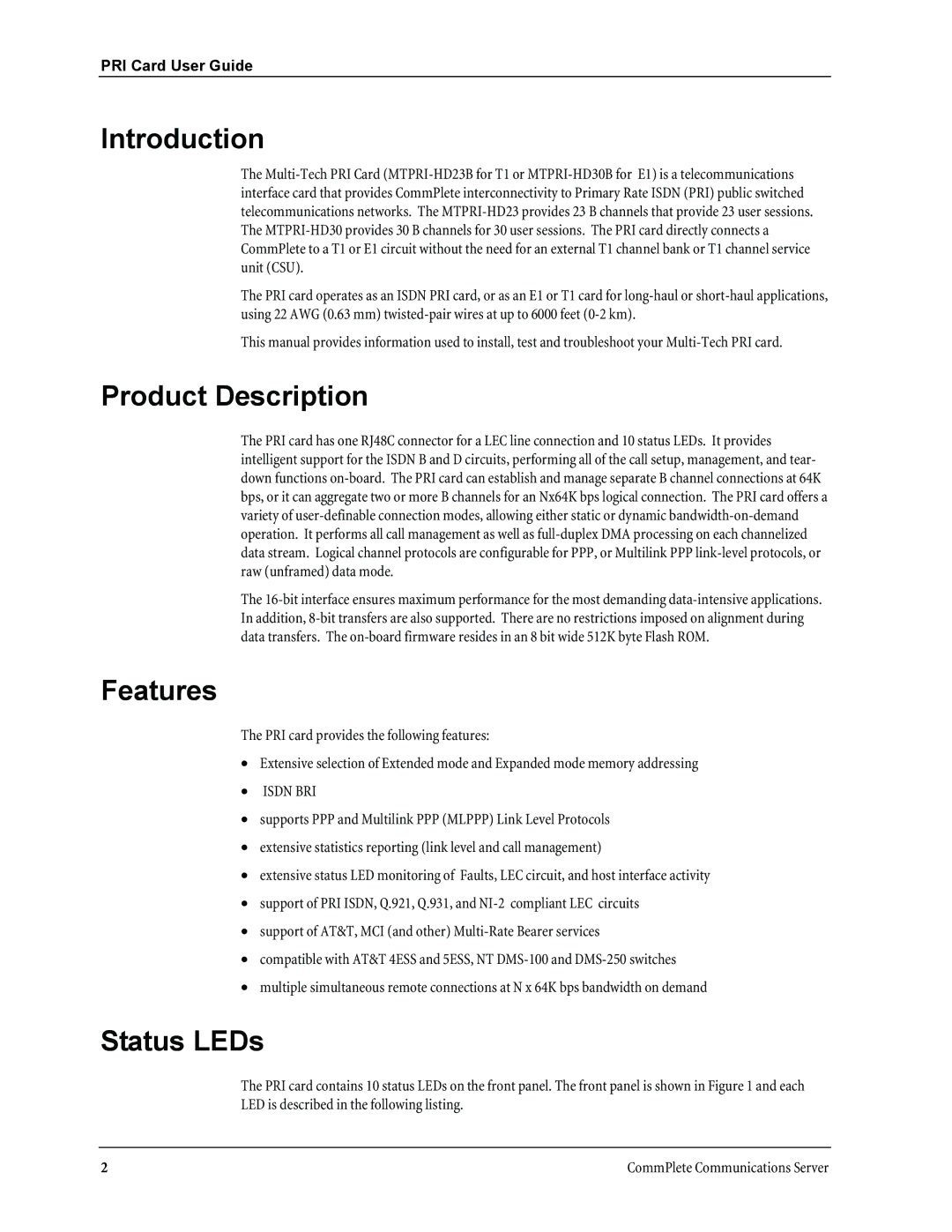 Multitech MTPRI-HD30B manual Introduction, Product Description, Features, Status LEDs, Isdn BRI 