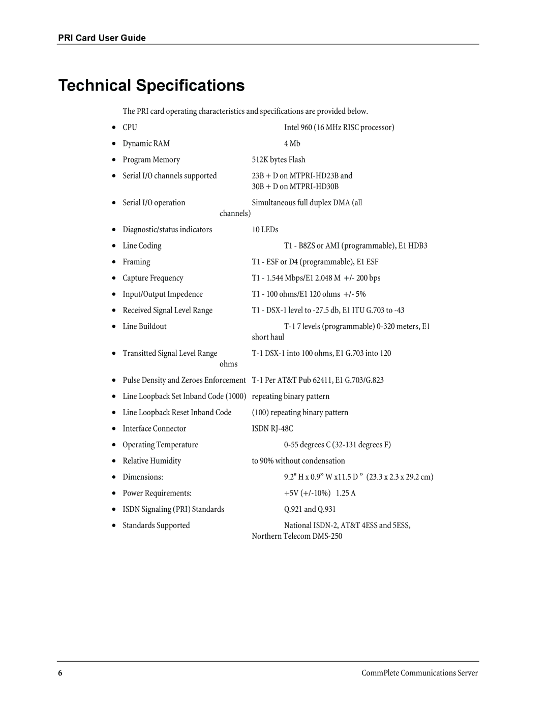 Multitech MTPRI-HD30B manual Technical Specifications, Cpu, Isdn RJ-48C 