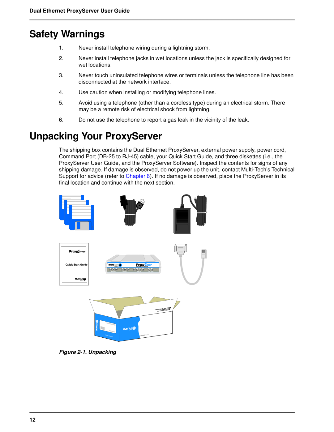 Multitech MTPSR1-120 manual Safety Warnings, Unpacking Your ProxyServer, 1. Unpacking, Dual Ethernet ProxyServer User Guide 