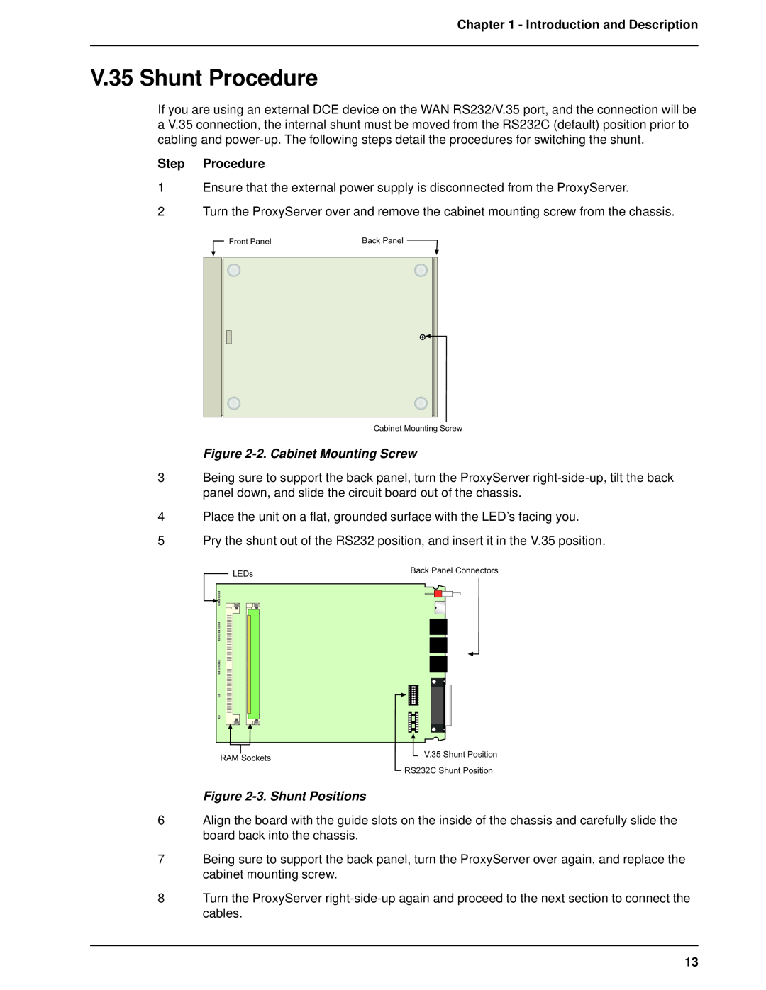 Multitech MTPSR1-120 manual V.35 Shunt Procedure, Step Procedure, 2. Cabinet Mounting Screw, 3. Shunt Positions 