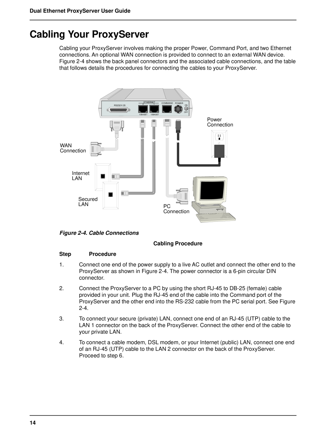 Multitech MTPSR1-120 manual Cabling Your ProxyServer, 4. Cable Connections, Cabling Procedure Step Procedure 