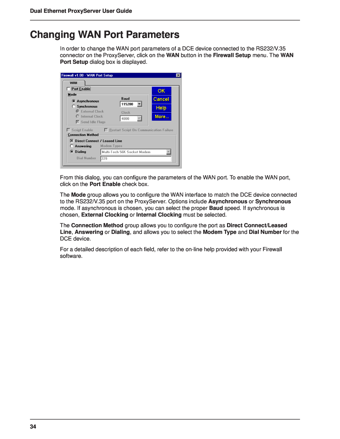 Multitech MTPSR1-120 manual Changing WAN Port Parameters, Dual Ethernet ProxyServer User Guide 