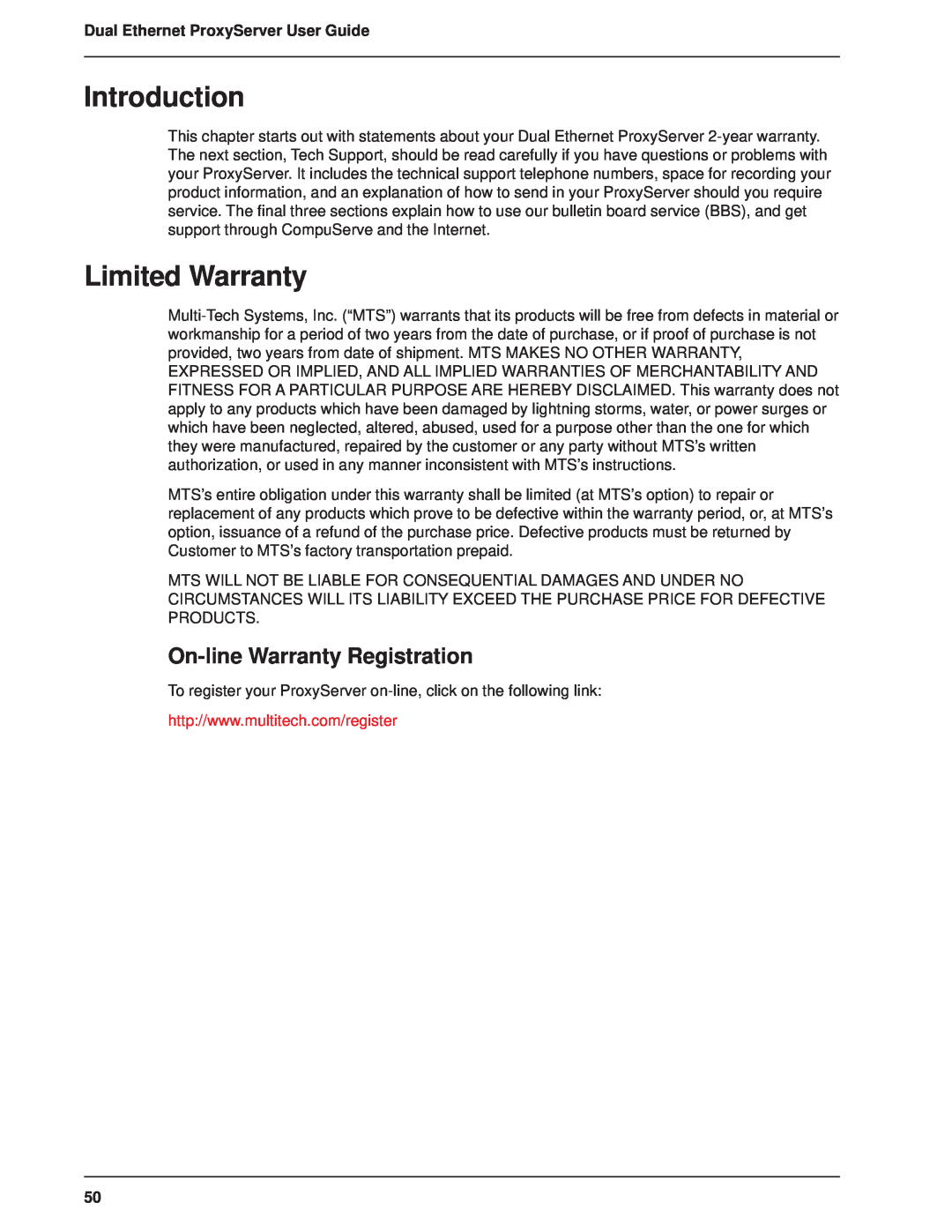 Multitech MTPSR1-120 Limited Warranty, On-line Warranty Registration, Introduction, Dual Ethernet ProxyServer User Guide 