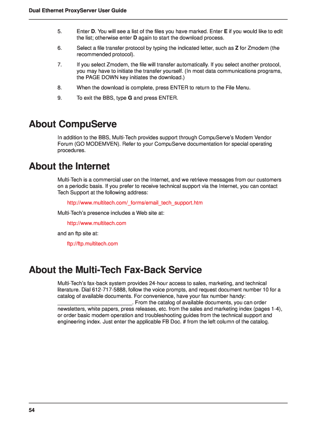 Multitech MTPSR1-120 About CompuServe, About the Internet, About the Multi-Tech Fax-Back Service, ftp//ftp.multitech.com 