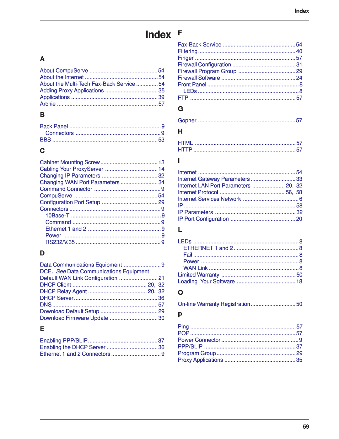 Multitech MTPSR1-120 manual Index F 