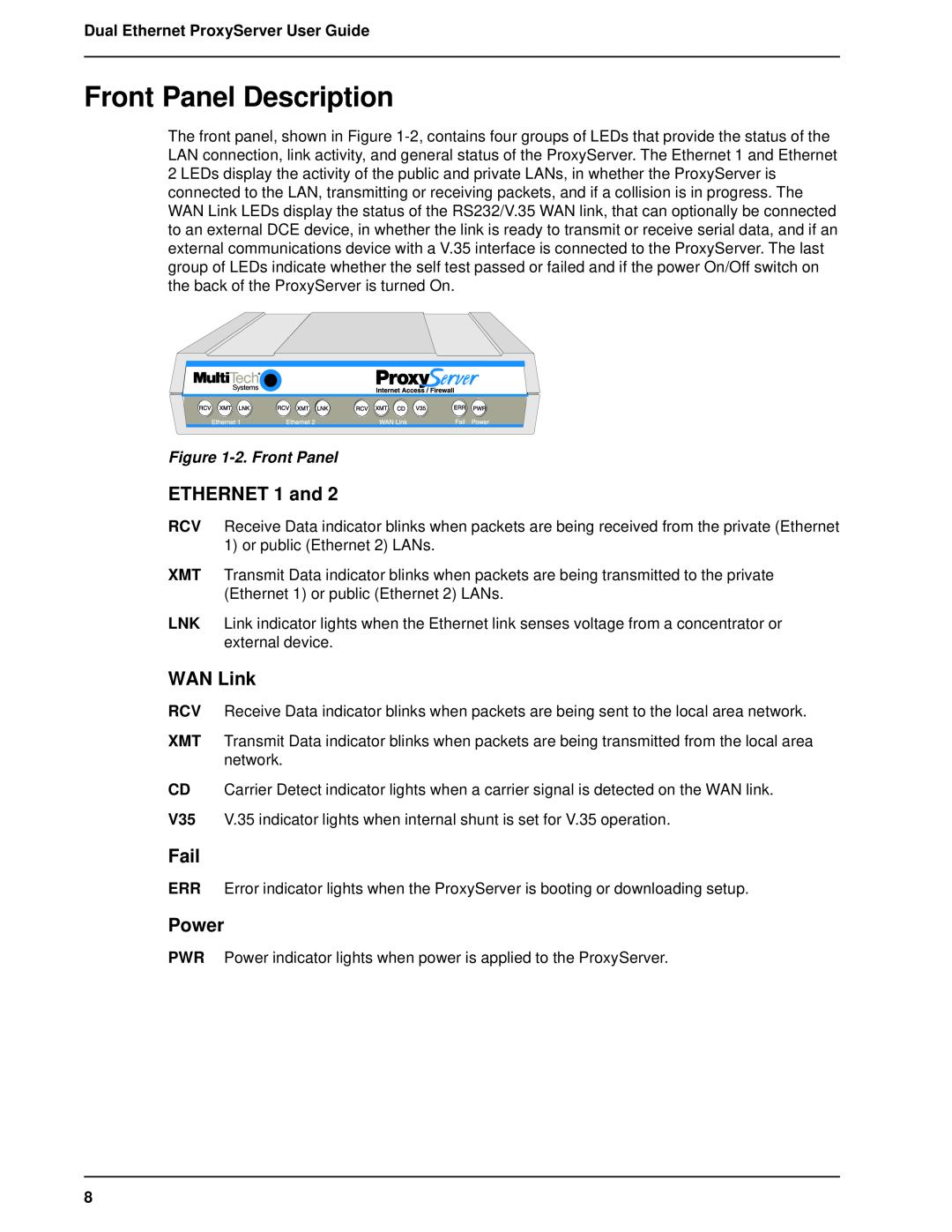 Multitech MTPSR1-120 manual Front Panel Description, ETHERNET 1 and, WAN Link, Fail, Power, 2. Front Panel 
