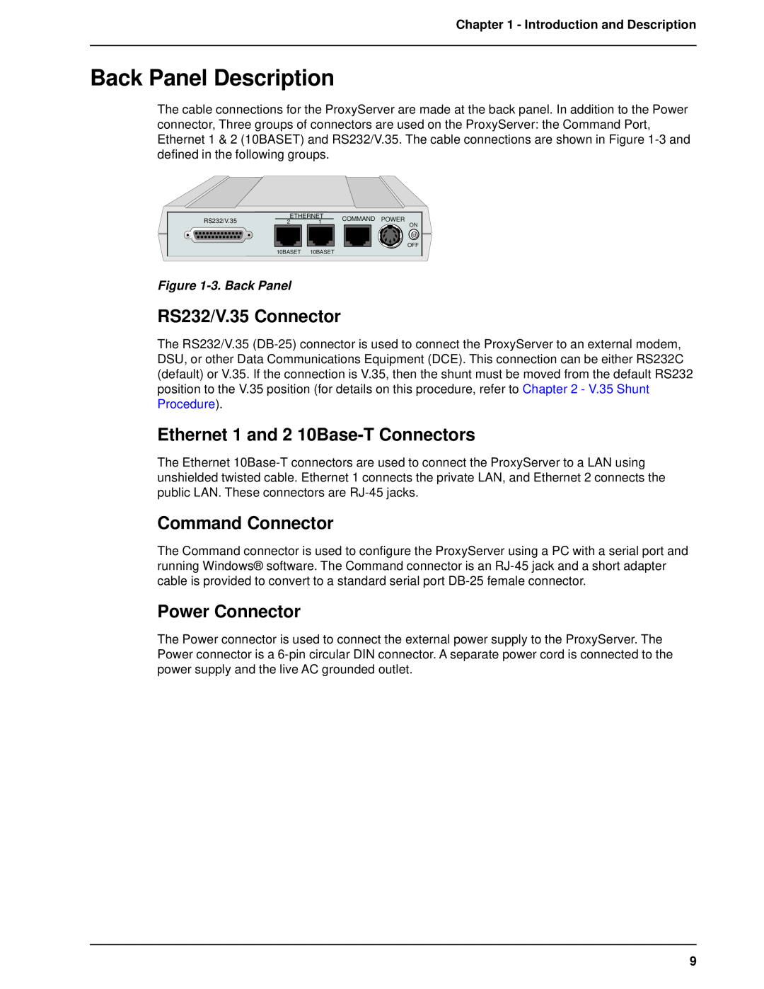 Multitech MTPSR1-120 Back Panel Description, RS232/V.35 Connector, Ethernet 1 and 2 10Base-T Connectors, Command Connector 