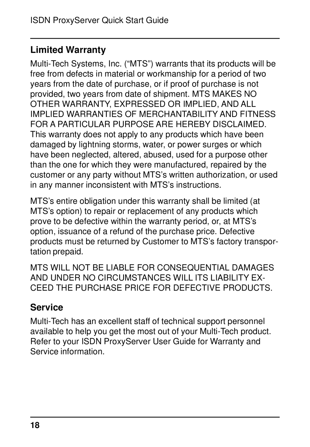 Multitech MTPSR1-202ST quick start Limited Warranty, Service 