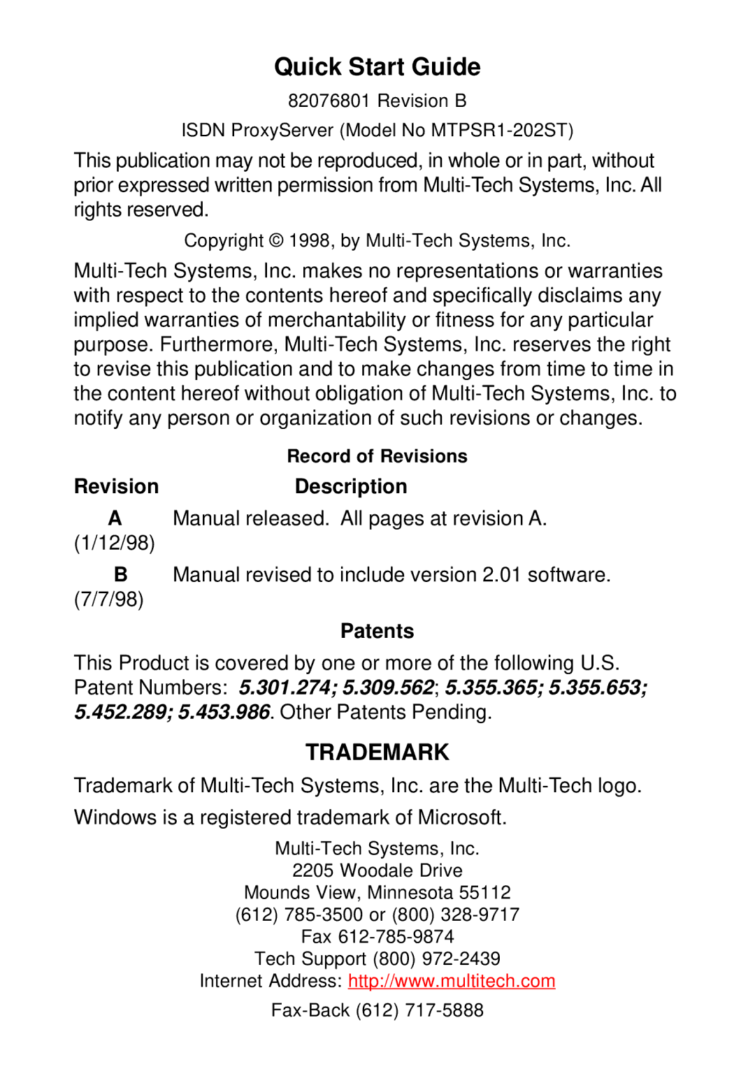 Multitech MTPSR1-202ST quick start Quick Start Guide 