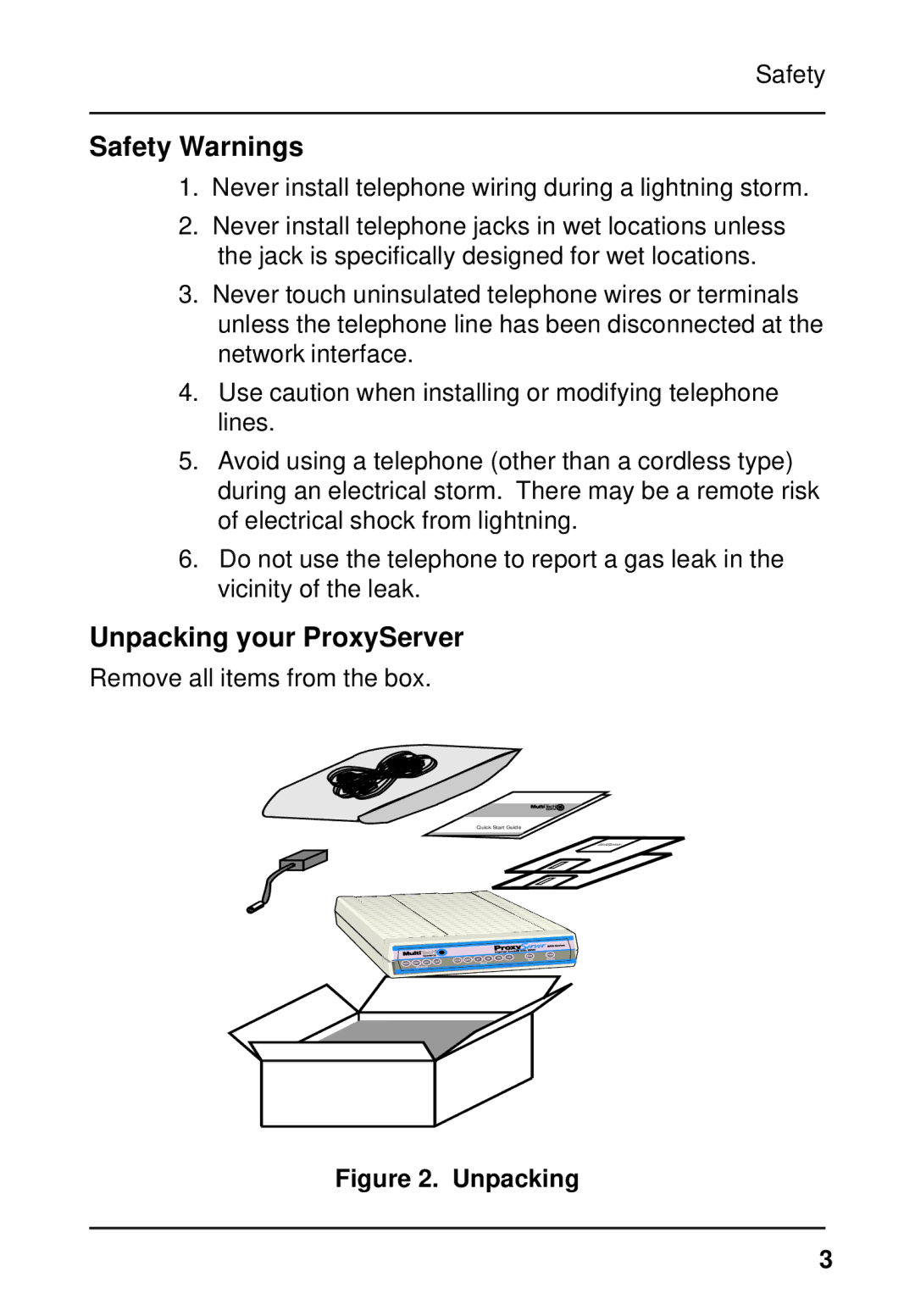 Multitech MTPSR1-202ST quick start Safety Warnings, Unpacking your ProxyServer 