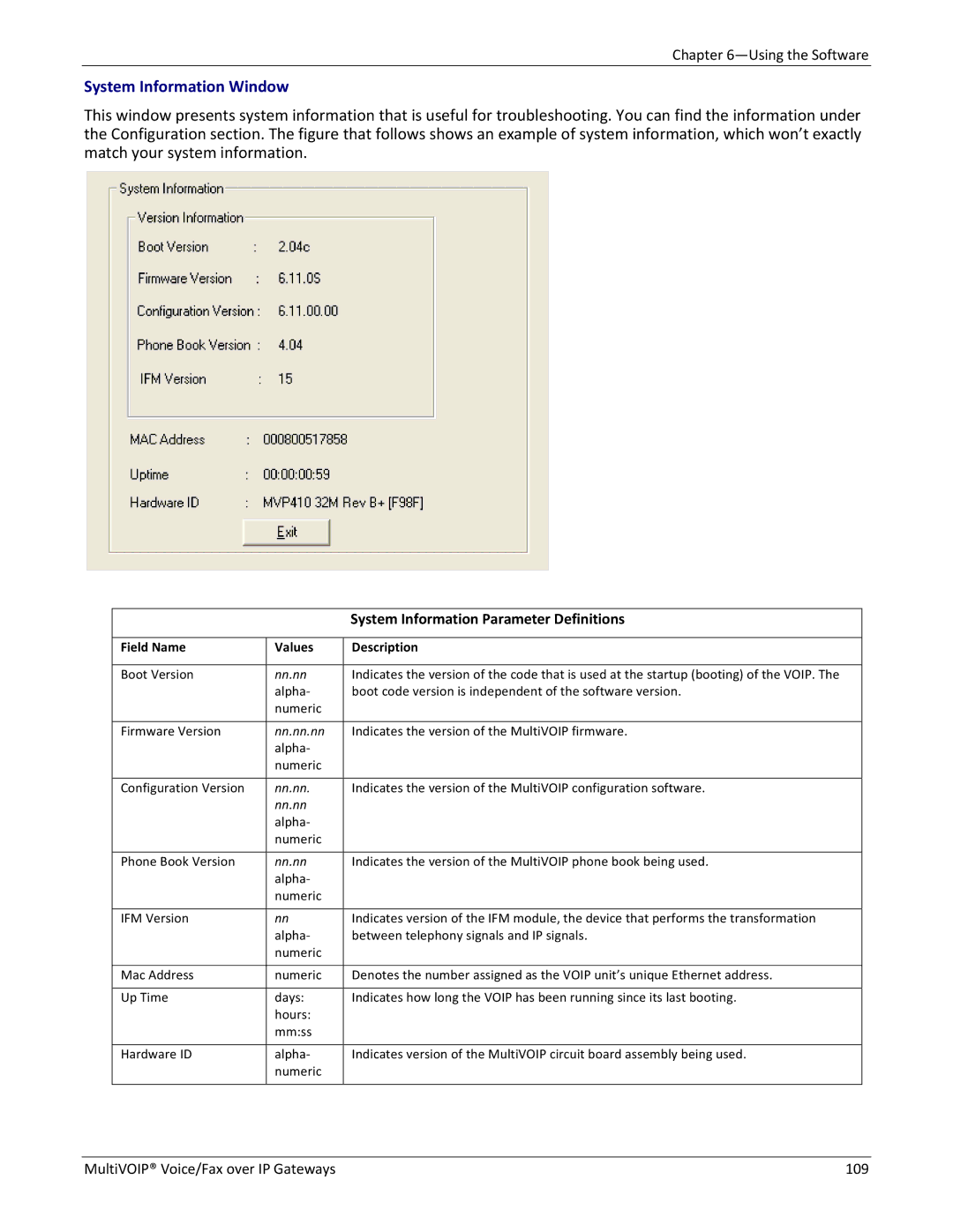 Multitech 410, 810-FX, 810 MVP210, 810-SS MVP210 manual System Information Parameter Definitions, Nn.nn.nn 